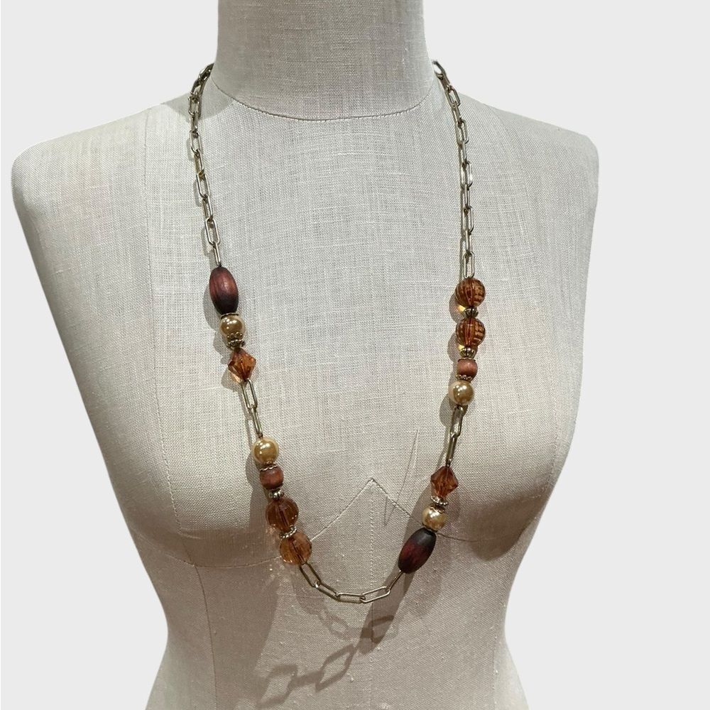 Vintage Gold Tone Paperclip Chain Wood & Amber Bead Necklace 70s 80s